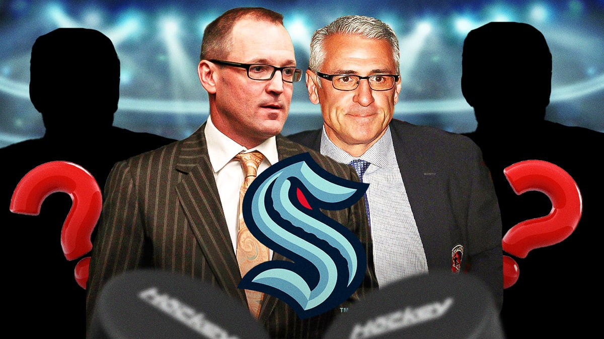 Seattle Kraken head coach Dan Bylsma with general manager Ron Francis and two silhouettes of hockey players with big question marks inside. There is also a logo for the Seattle Kraken.