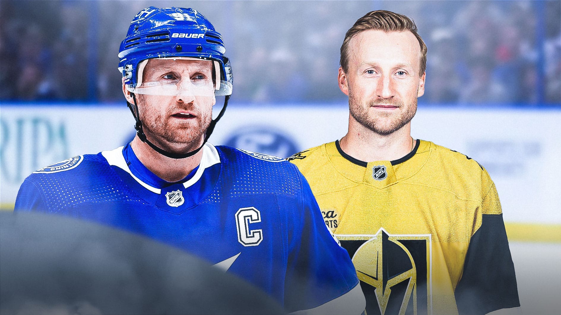 Steven Stamkos on one side in a Tampa Bay Lightning uniform with an arrow pointing to Steven Stamkos on the other side in a Vegas Golden Knights uniform, a bunch of question marks in the background