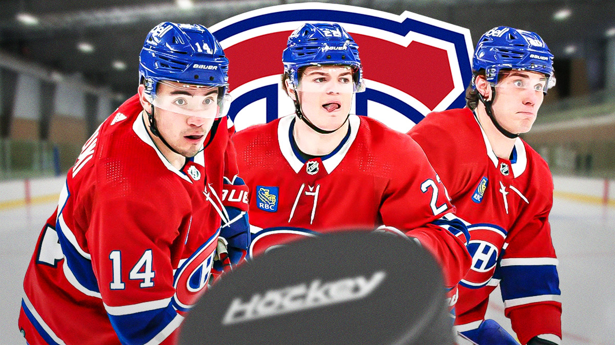 Nick Suzuki, Cole Caufield, and Juraj Slafkovsky in front of a montreal canadiens logo and ice rink