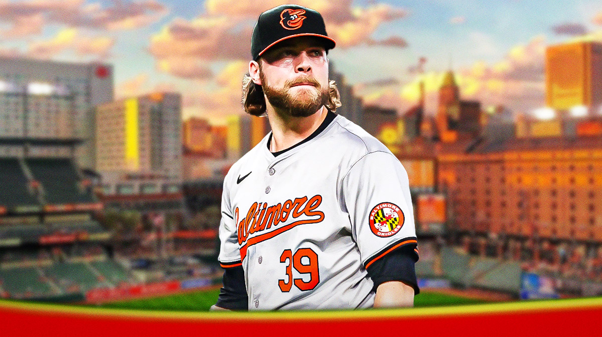 Baltimore Orioles star Corbin Burnes in front of Camden Yards.