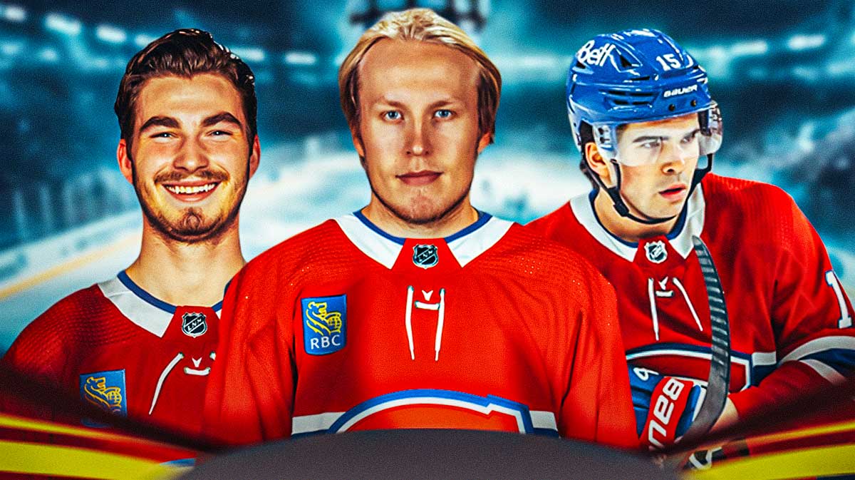 patrik laine, kirby dach, and alex newhook in front of an ice rink.