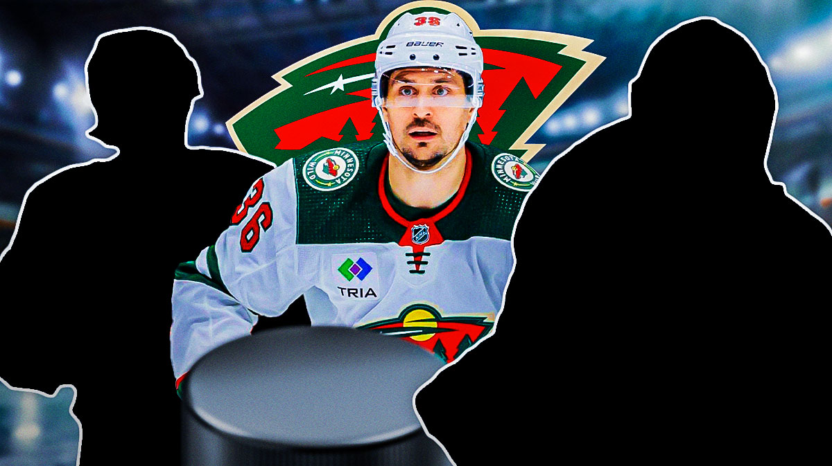 Mats Zuccarello in middle, the silhouettes of Marc-Andre Fleury and Ryan Hartman on either side, Minnesota Wild logo, hockey rink in background