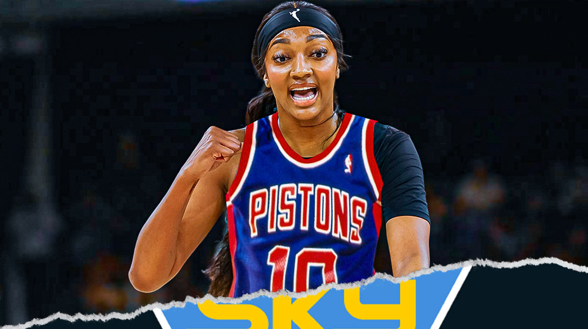 Need a cutout of Angel Reese wearing Dennis Rodman's Pistons jersey. Chicago Sky logo in the background.