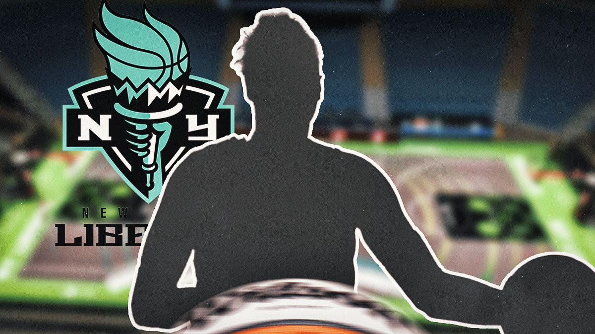 A silhouette of a WNBA basketball player with a big question mark emoji inside. There is also a logo for the New York Liberty.