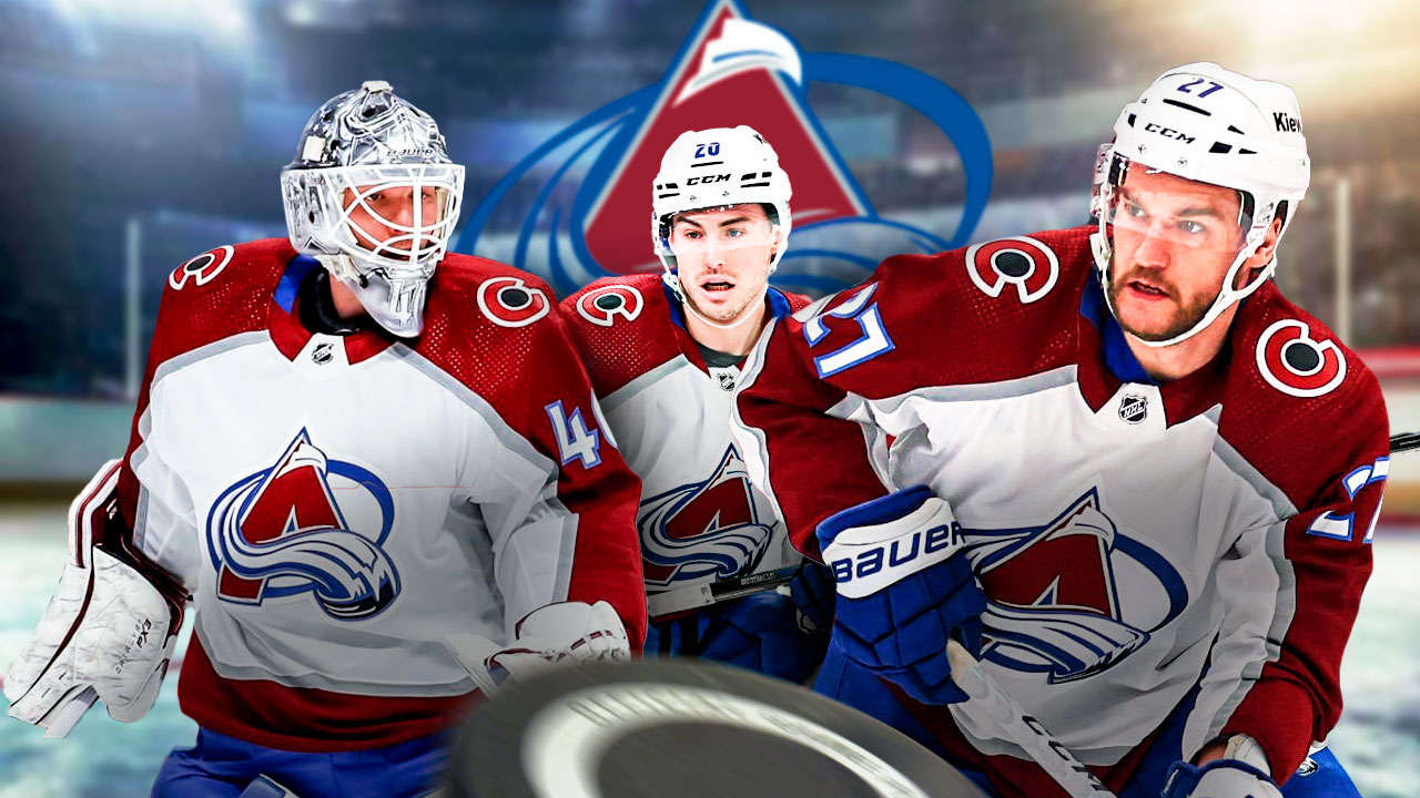 Jonathan Drouin, Alexander Georgiev, and Ross Colton in front of Avalanche Logo