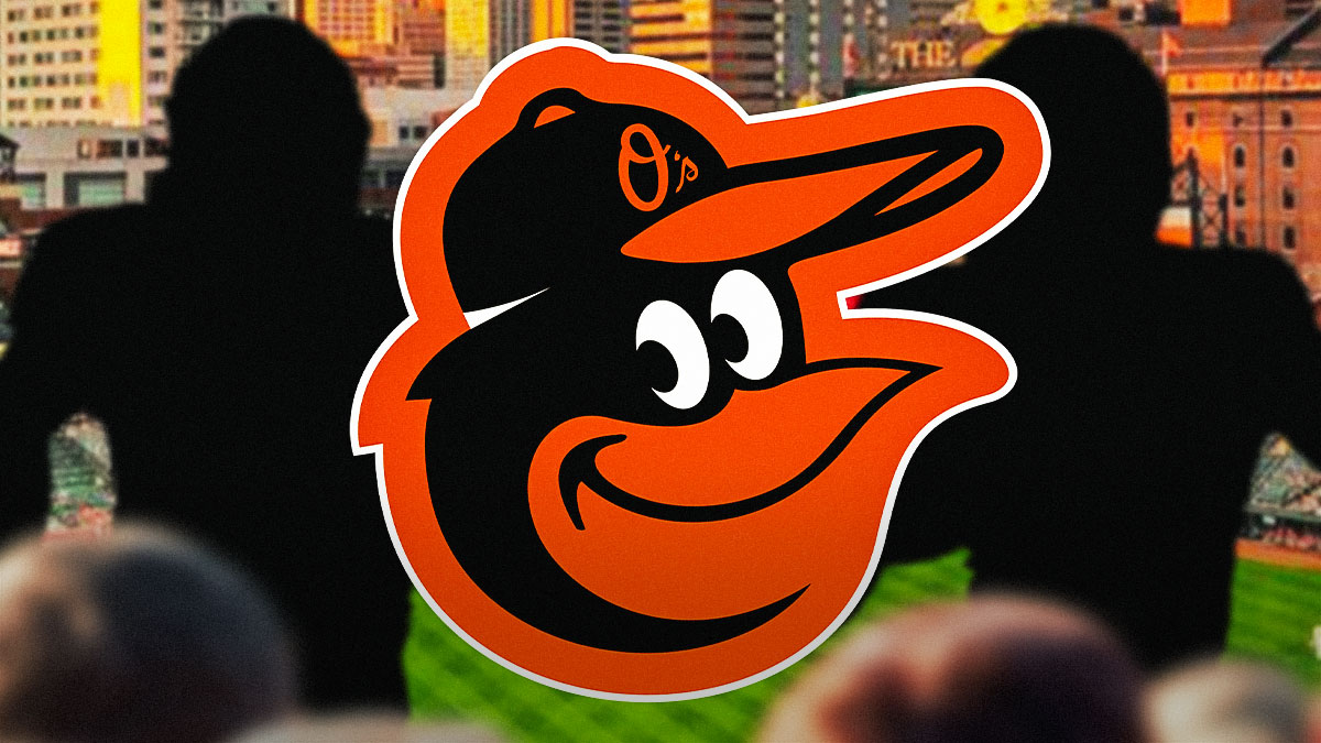 Baltimore Orioles logo in center, blank player silhouettes on left and right sides, Oriole Park at Camden Yards (home stadium of the Baltimore Orioles) in the background