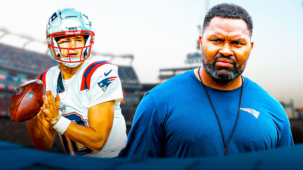 Drake Maye and coach Jerod Mayo in front of the Patriots' stadium