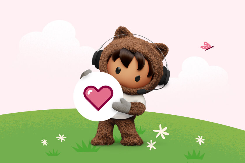 Salesforce mascot Astro standing in a green field, wearing a headset, and holding the Service Cloud pink heart logo.