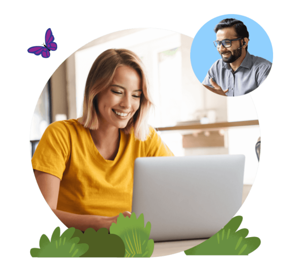 A smiling woman sitting in front of a computer chats with a support representative.