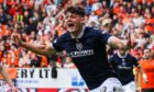 Seb Palmer-Houlden celebrates his goal in the Dundee derby at Tannadice. Image: SNS