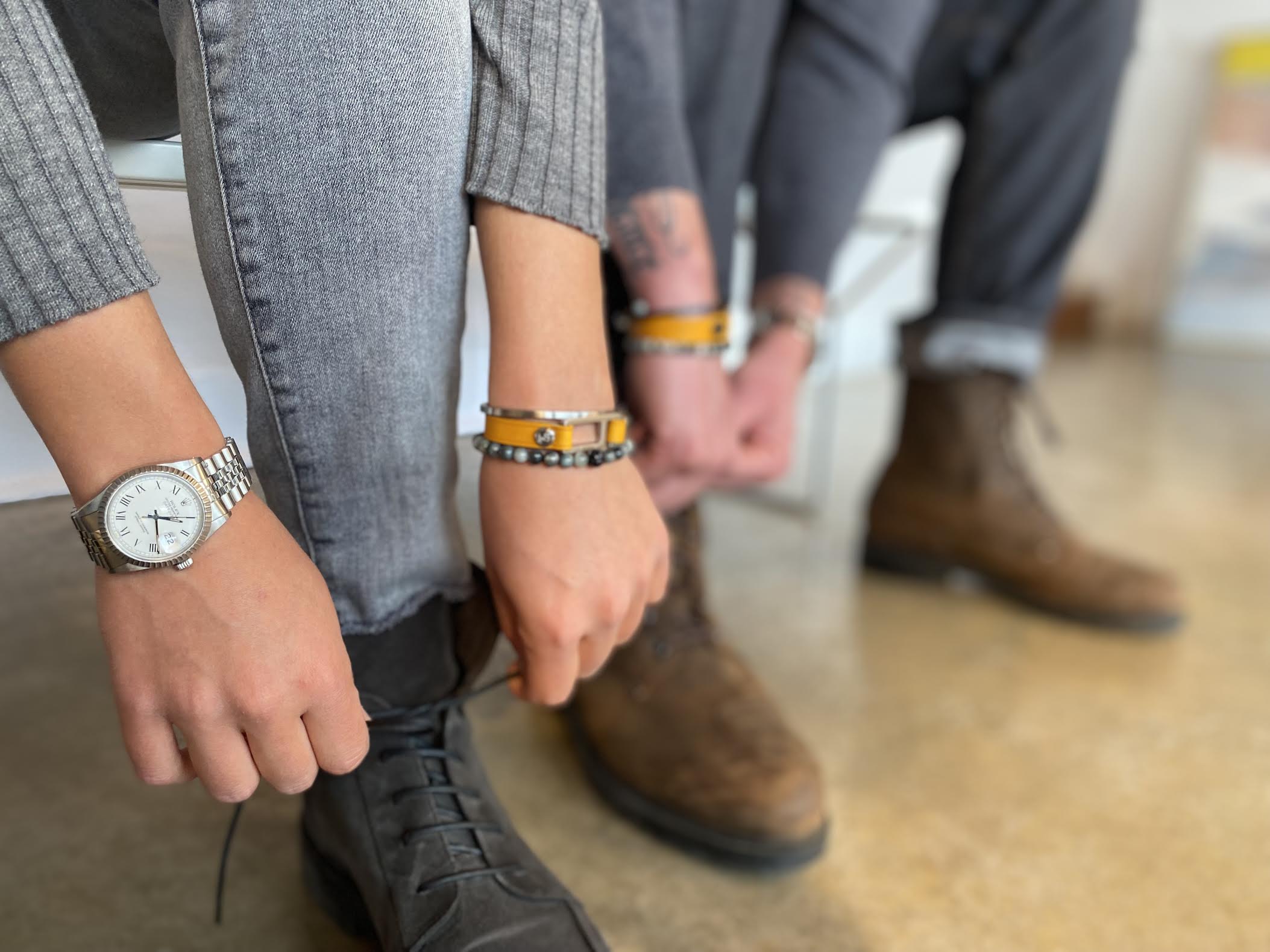 Our striking Buttero yellow Italian leather bracelet is paired perfectly with our artisan designed, lightly brushed hardware. Your hardware choices include Rose Gold, Yellow Gold, Stainless Steel or Black Ceramic. This adjustable size bracelet is a distinctive piece worn alone or with a WristBend stacking bracelet. Made by WristBend