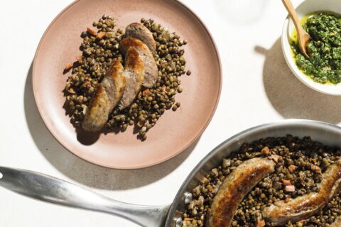 Caper relish lightens weeknight-friendly sausage and lentils