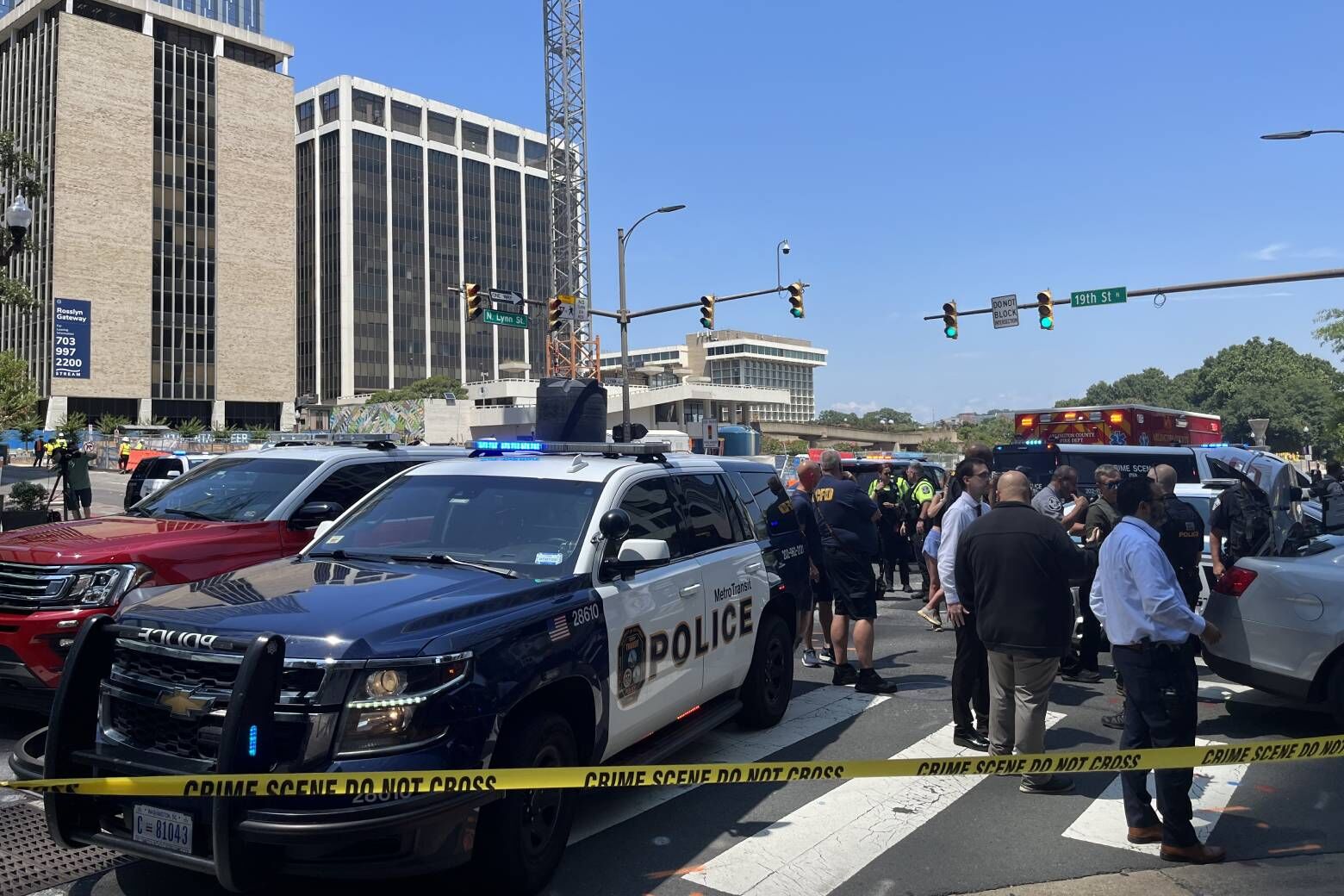 A person suspected of a series of carjackings in the Rosslyn area was wounded in a shooting involving a Metro Transit Police officer, police said Friday. (WTOP/Ana Golden)