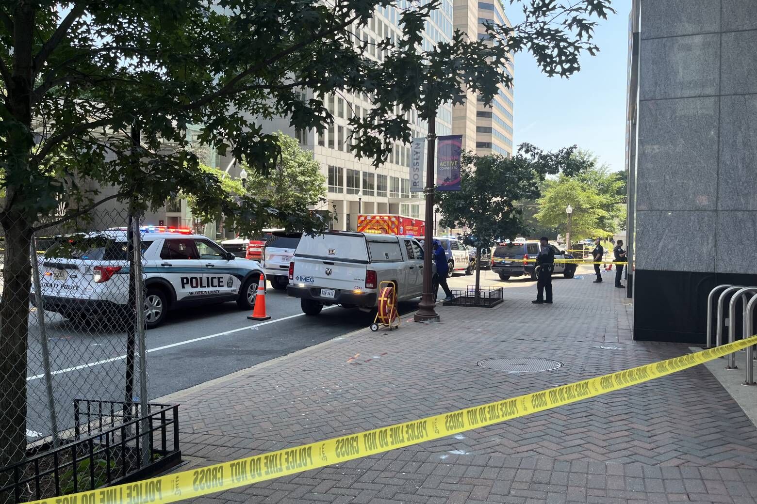 A person suspected of a series of carjackings in the Rosslyn area was wounded in a shooting involving a Metro Transit Police officer, police said Friday. (WTOP/Ana Golden)