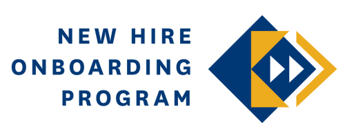 New Hire Orientation graphic: blue square with gold triangles that make a "K"