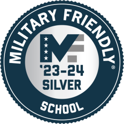 Blue and silver graphic with a start and stripes logo made of the letters MF, and text that reads "Military Friendly School 23-24 Silver"