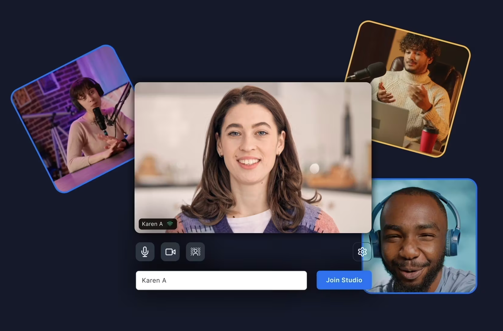 A collage of video call participants: a woman speaking into a microphone, a man in a sweater gesturing, a woman named Karen A smiling at the camera, and a man wearing headphones smiling.