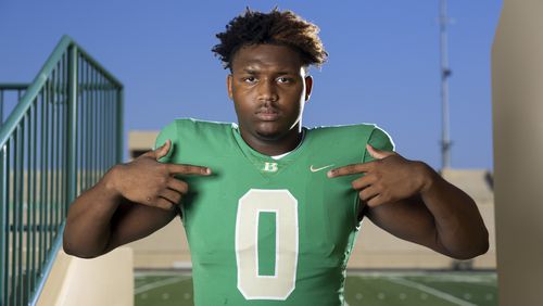 Buford defensive lineman Eddrick Houston during his AJC Super 11 photo shoot at Tom Riden Stadium Thursday, July 27, 2023, in Buford, Ga. (Jason Getz / Jason.Getz@ajc.com)