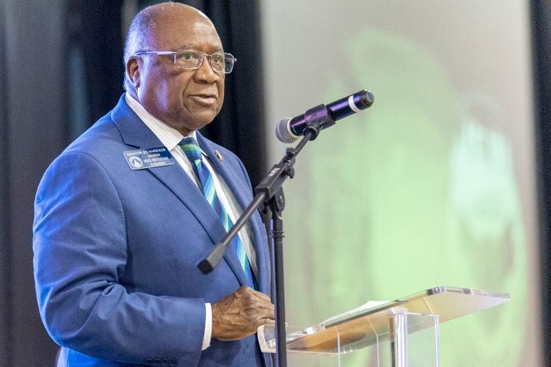   Co-chair and Georgia State Senator Ed Harbison speaks during the inaugural Greater Atlanta Congress of Black Men Conference at Mt. Ephraim Baptist Church in Atlanta on Saturday, July 13, 2024.  (Steve Schaefer / AJC)