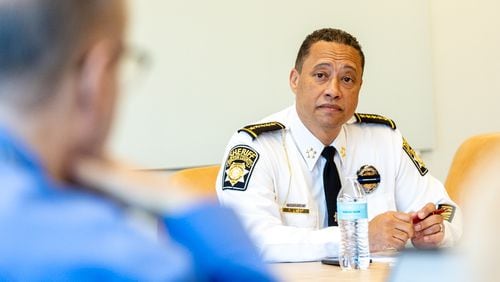 Sheriff Patrick Labat talks at an editorial board meeting in Atlanta on Wednesday, February 21, 2024. (Steve Schaefer/steve.schaefer@ajc.com)