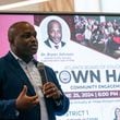 Bryan Johnson, the sole finalist for superintendent of Atlanta Public Schools, speaks to community members at The New School at Carver in Atlanta on Tuesday, June 25, 2024. (Seeger Gray / AJC)