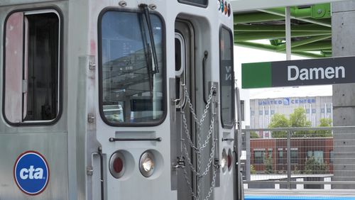 A Chicago Transit Authority train pulls into the new Damen Ave. station just two blocks from the United Center Monday, Aug. 12, 2024, one week before the start of the Democratic National Convention in Chicago. (AP Photo/Charles Rex Arbogast)