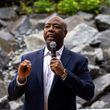 U.S. Sen Tim Scott, R-South Carolina, speaks Tuesday at a Black delegate luncheon hosted by the Black Republican Mayor’s Association and the Georgia Republican Party in Milwaukee. “There are thousands, if not millions all around the country that believe like we believe, pray like we believe, and do what we know needs to be done," Scott told those in attendance. "If we keep doing, the people will follow.”(Arvin Temkar / AJC)