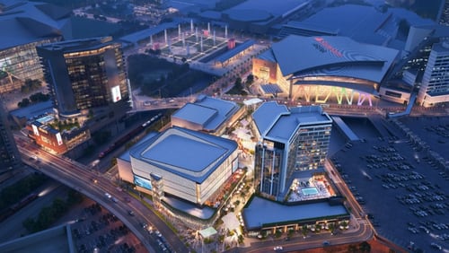 This is a rendering of the planned entertainment district that will make up the center of the Centennial Yards development in downtown Atlanta. The project was designed by Atlanta architecture firm Gensler.