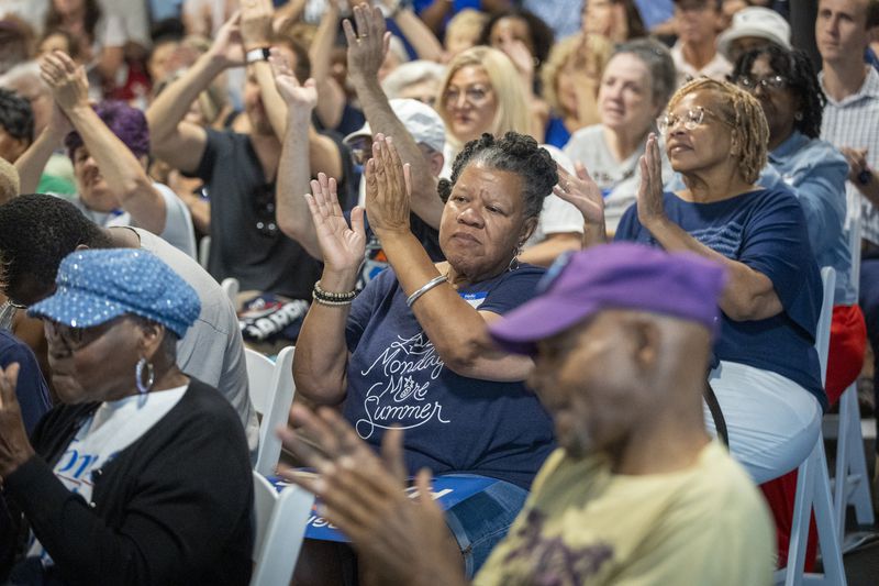 A packed room of supporters cheer on the speakers during the Biden-Harris and Georgia Democrats for DeKalb County Office Opening in Decatur on Saturday, July 6, 2024.  (Steve Schaefer / AJC)