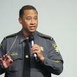 Fulton County Sheriff Pat Labat, Democrat,  speaks during the 2024 Town Hall for North Fulton Democratic and Nonpartisan Candidates at Memories Event Space, Tuesday, April 30, 2024, in Johns Creek, Ga.  (Jason Getz / AJC)
