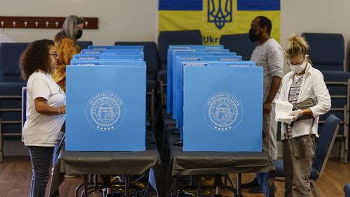 Voters at Snellville United Methodist Church on Tuesday, May 24, 2022. (Natrice Miller / natrice.miller@ajc.com)