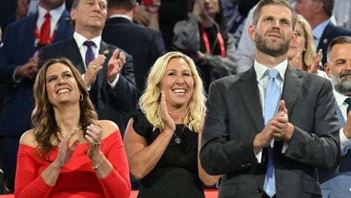 U.S. Rep. Marjorie Taylor Greene (center), R-Rome, has been one of only two politically prominent Georgians to address delegates at the the Republican National Convention in Milwaukee.