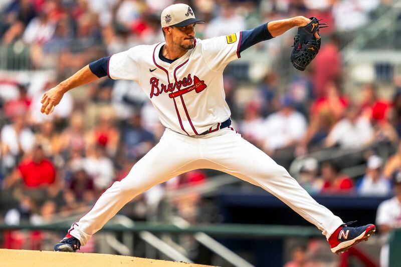 Atlanta Braves pitcher Charlie Morton throws during the first inning of a baseball game against the San Francisco Giants, Thursday, July 4, 2024, in Atlanta. (AP Photo/Jason Allen)