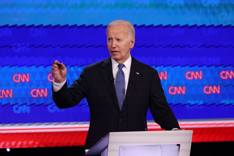 President Joe Biden and former President Donald Trump face off during their first presidential debate at CNN, Thursday, June 27, 2024, in Atlanta. (Jason Getz / AJC)
