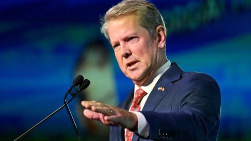 Gov. Brian Kemp speaks during Georgia Chamber Congressional Luncheon at The Classic Center, Tuesday, August 8, 2023, in Athens. (Hyosub Shin / Hyosub.Shin@ajc.com)