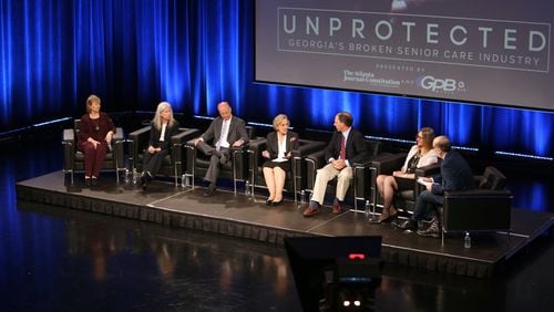 The Atlanta Journal-Constitution hosted a community conversation about the AJC’s “Unprotected” reporting investigation at Georgia Public Broadcasting last October. Panelists consisted of (right to left) Bill Nigut, host and executive producer of Political Rewind for Georgia Public Broadcasting; Carrie Teegardin, AJC investigative reporter; Brad Schrade, AJC investigative reporter; State Rep. Sharon Cooper, R-Marietta; Jason Marbutt, Cobb County Senior assistant district attorney; Melanie McNeil, Georgia Long-term Care Ombudsman; and Ginny Helms, President-CEO of LeadingAge Georgia. (Tyson Horne/Tyson.Horne@ajc.com)