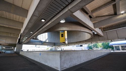 The leaky canopy in MARTA'S Five Point station in Atlanta is set to be replaced as part of a $230 million project, but Mayor Andre Dickens has asked the transit agency to provide cost and other information about making it a 10-year project. (File photo by Ziyu Julian Zhu / AJC)