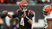 Cincinnati Bengals quarterback AJ McCarron throws on the move during an NFL game against the Cleveland Browns on Jan. 7, 2024, at Paycor Stadium in Cincinnati.