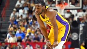 Los Angeles Laker guard Bronny James Jr. (9) looks on from midcourt during the second half of an NBA summer league basketball game against the Houston Rockets, Friday, July 12, 2024, in Las Vegas. (AP Photo/David Becker)