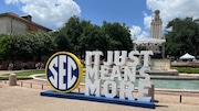 SEC signage at the Littlefield Fountain on the University of Texas campus Sunday during the school's SEC celebration. The Longhorns officially join the SEC on July 1