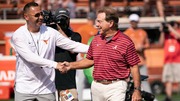 Texas head coach Steve Sarkisian, left, and Alabama head coach Nick Saban, meet at center field prior to an NCAA college football game, Saturday, Sept. 10, 2022, in Austin, Texas. Alabama defeated Texas 2019. (AP Photo/Rodolfo Gonzalez)