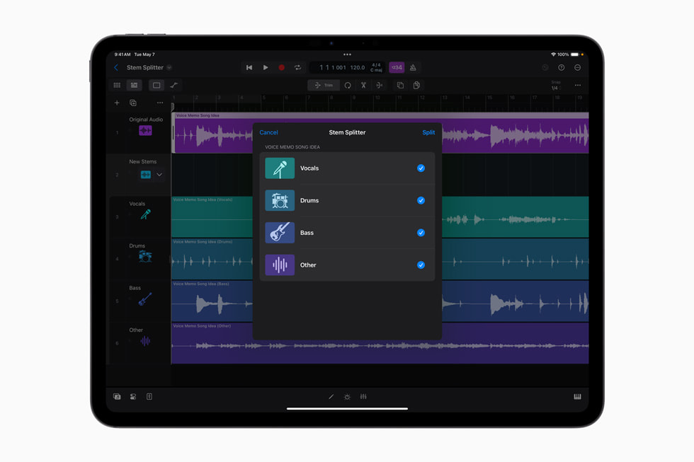 Stem Splitter in Logic Pro for iPad 2 displayed on iPad Pro. 