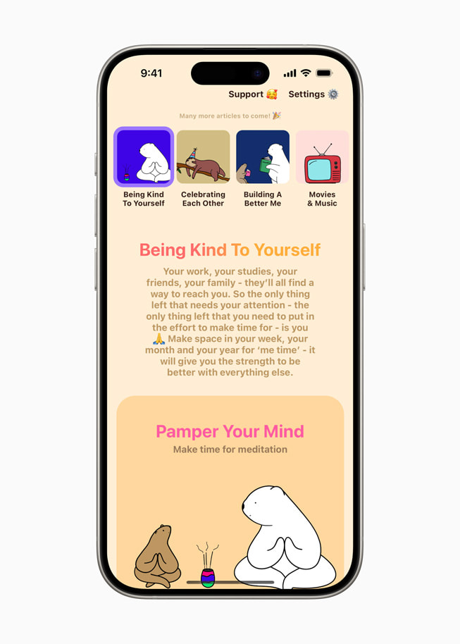 Artikel berjudul Being Kind to Yourself di Bears Gratitude ditampilkan di iPhone 15 Pro.