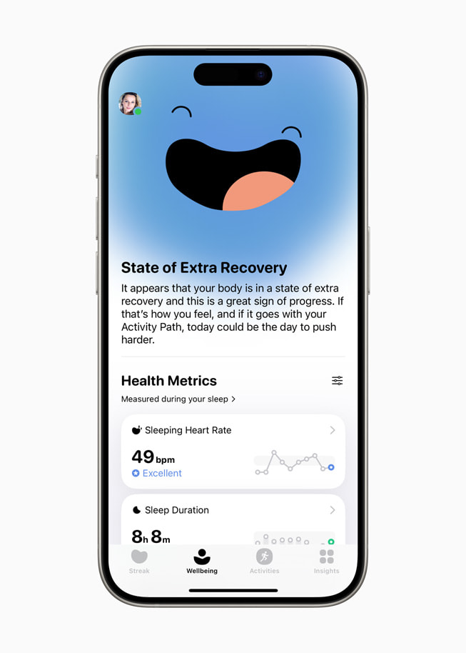 Hình ảnh trang Sức Khỏe hiển thị chỉ số sức khoẻ trong ứng dụng Gentler Streak trên iPhone 15 Pro.  