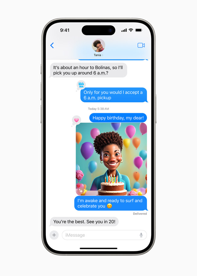 iPhone 15 Pro menampilkan percakapan pesan teks dengan gambar animasi ulang tahun.