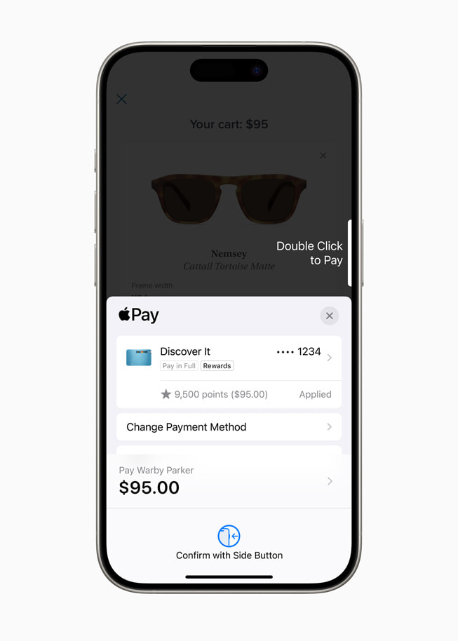En betalning med bonuspoäng på Warby Parker visas på iPhone 15 Pro.