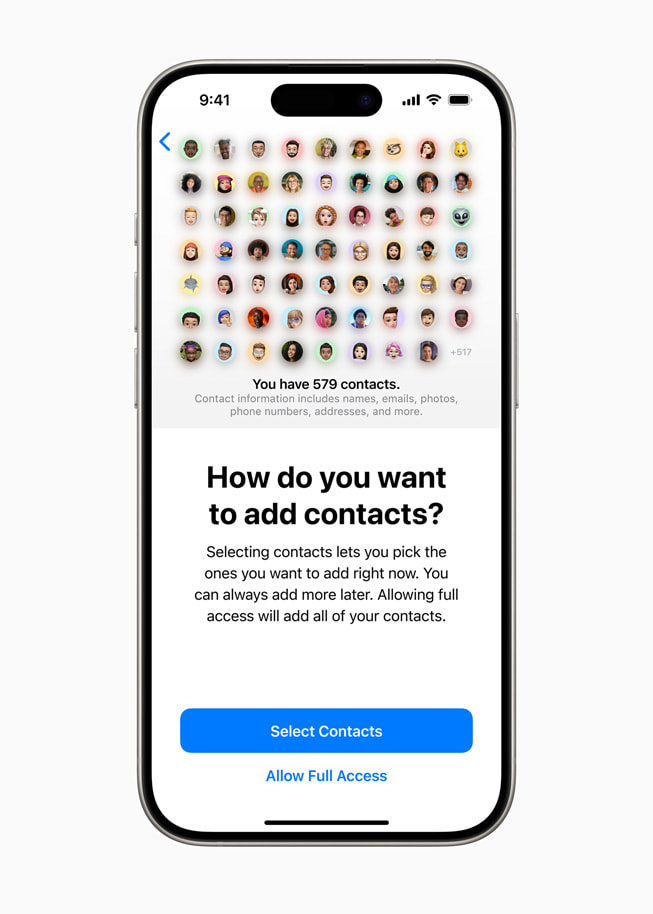 iPhone 15 Pro viser en skærm med et spørgsmål om, hvordan brugeren ønsker at tilføje kontakter, og valgmulighederne “Vælg kontakter” og “Tillad fuld adgang”. 