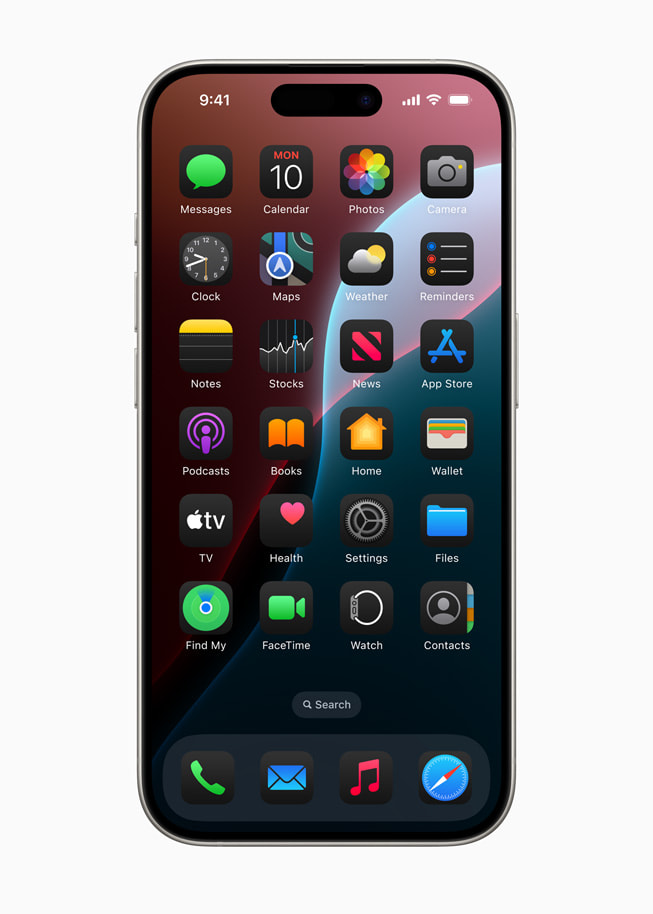 iPhone 15 Pro menampilkan ikon dan widget aplikasi dengan efek terang di Layar Home. 