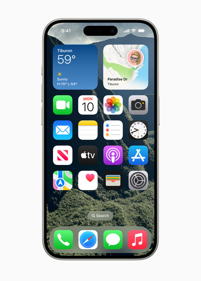 iPhone 15 Pro affichant des apps et des widgets agrandis sur l’écran d’accueil.