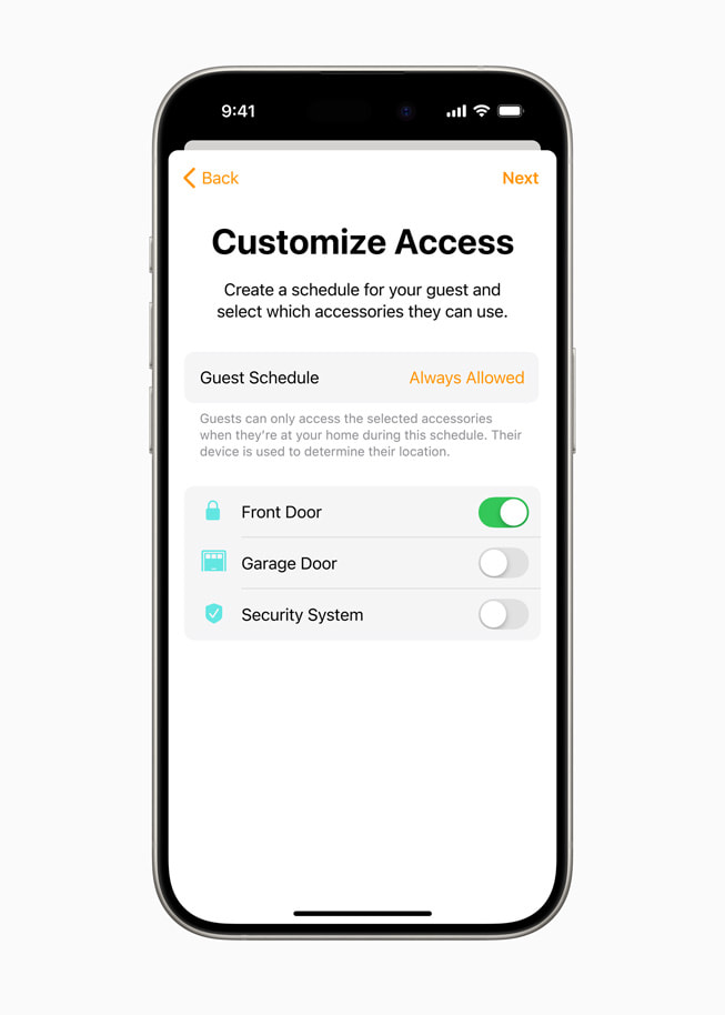 iPhone 15 Pro pokazuje ekran dostępu gościnnego w aplikacji Dom.
